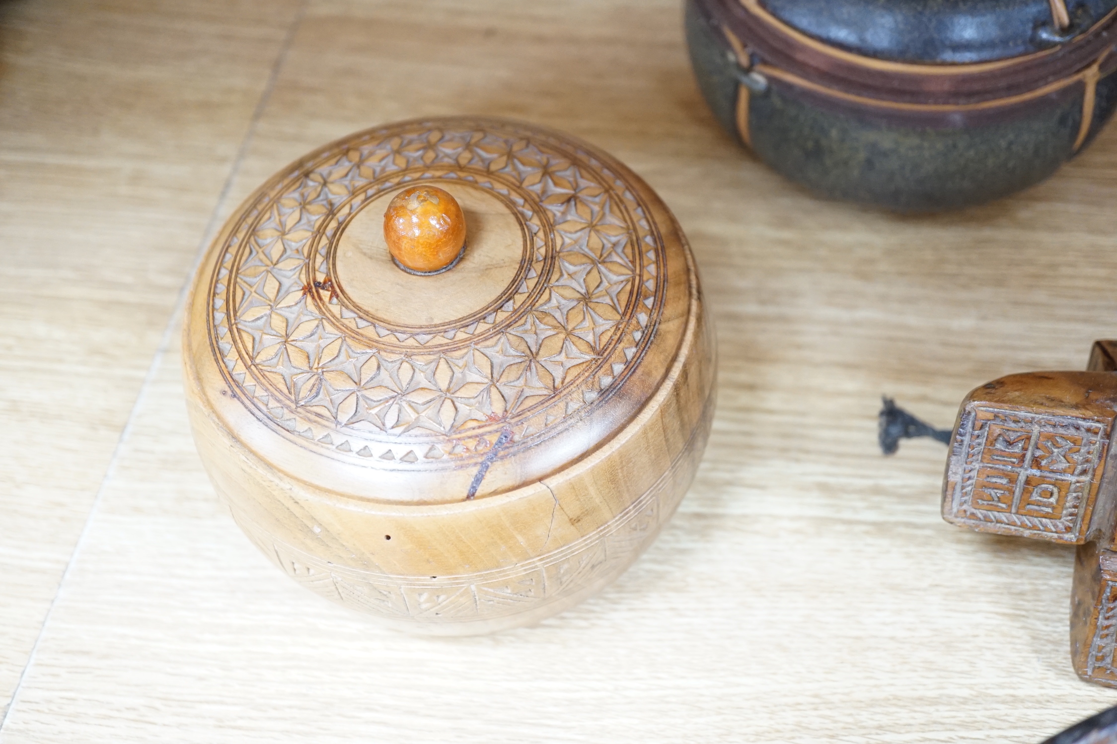 An 18th century oak salt/herb box, a collection of treen boxes, wood block and a pottery box and stone (10), salt box 31cms high